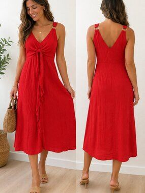 Joh Apparel Red Tie Front Sleeveless Midi Dress NWT Size S